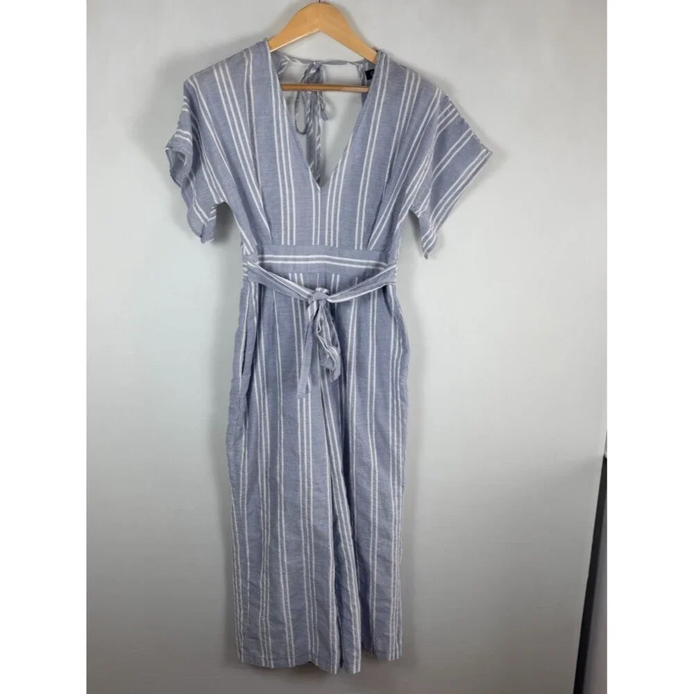 Crystal Sky Striped Jumpsuit Size 5 Blue White Open Back Tie Waist Wide Leg